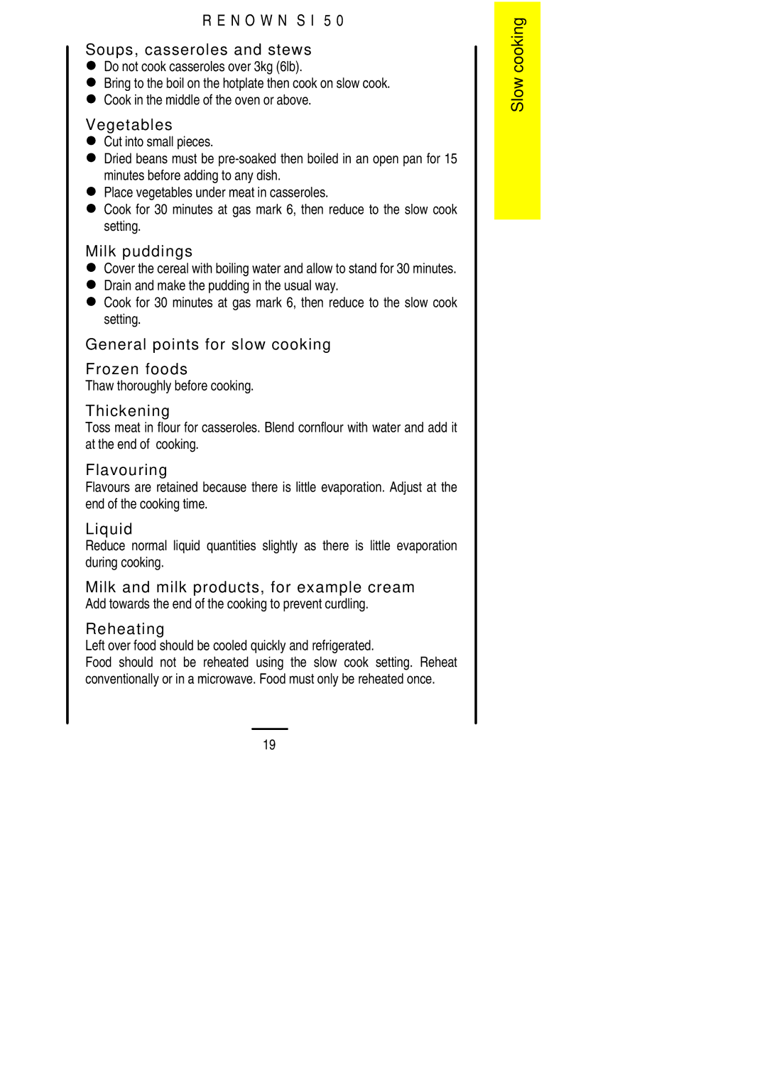 Electrolux S 50 installation instructions General points for slow cooking Frozen foods 