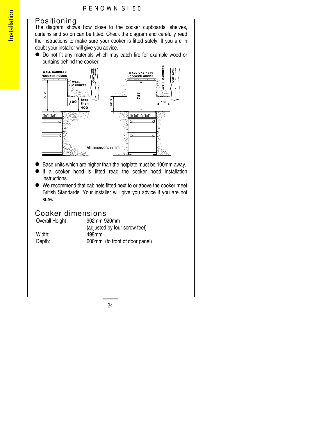 Electrolux S 50 installation instructions Positioning, Cooker dimensions 