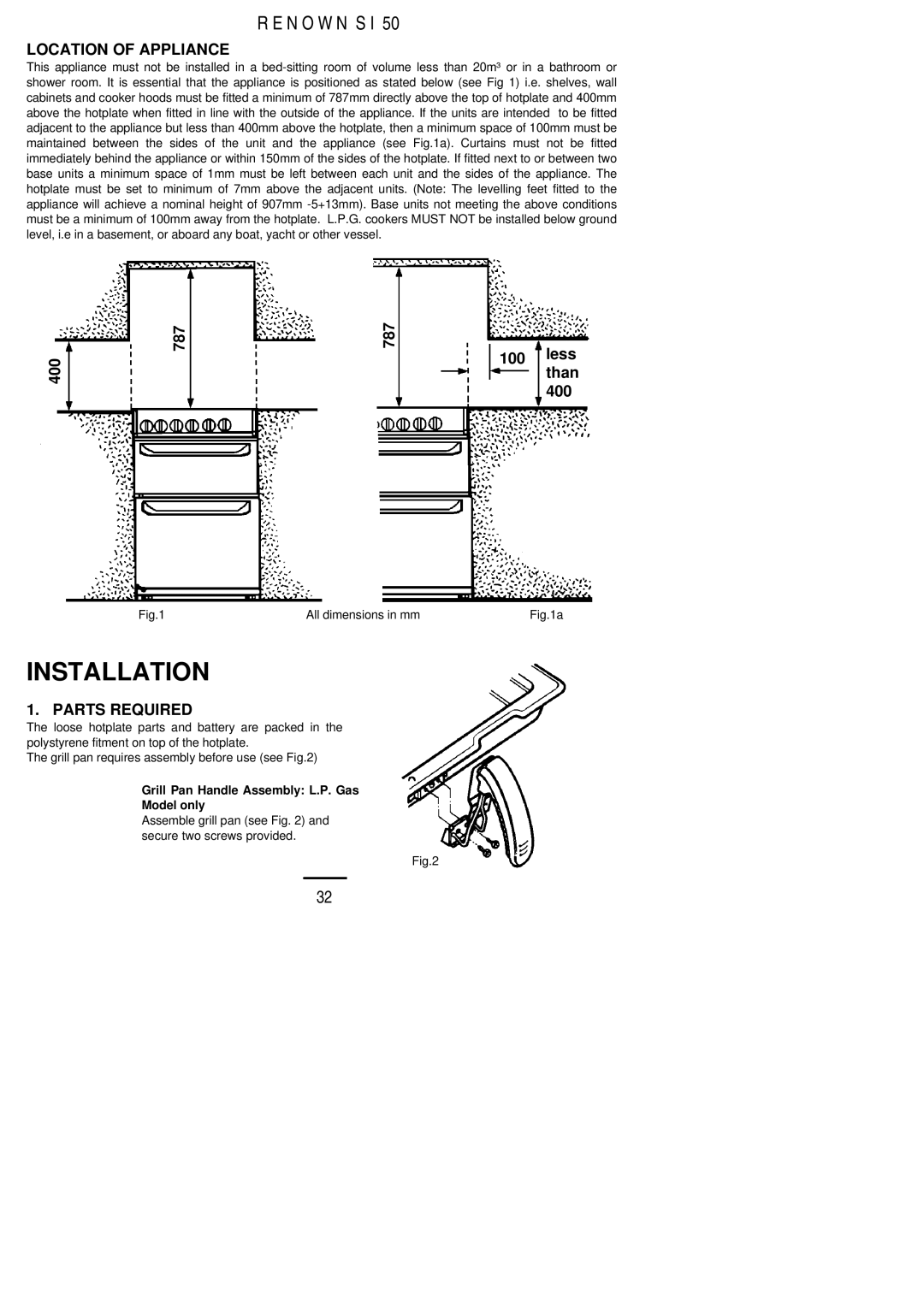 Electrolux S 50 installation instructions Location of Appliance, Parts Required 