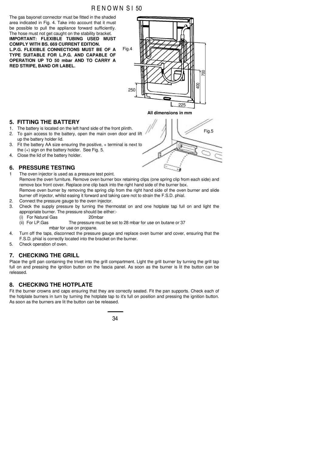 Electrolux S 50 installation instructions Fitting the Battery, Pressure Testing, Checking the Grill, Checking the Hotplate 