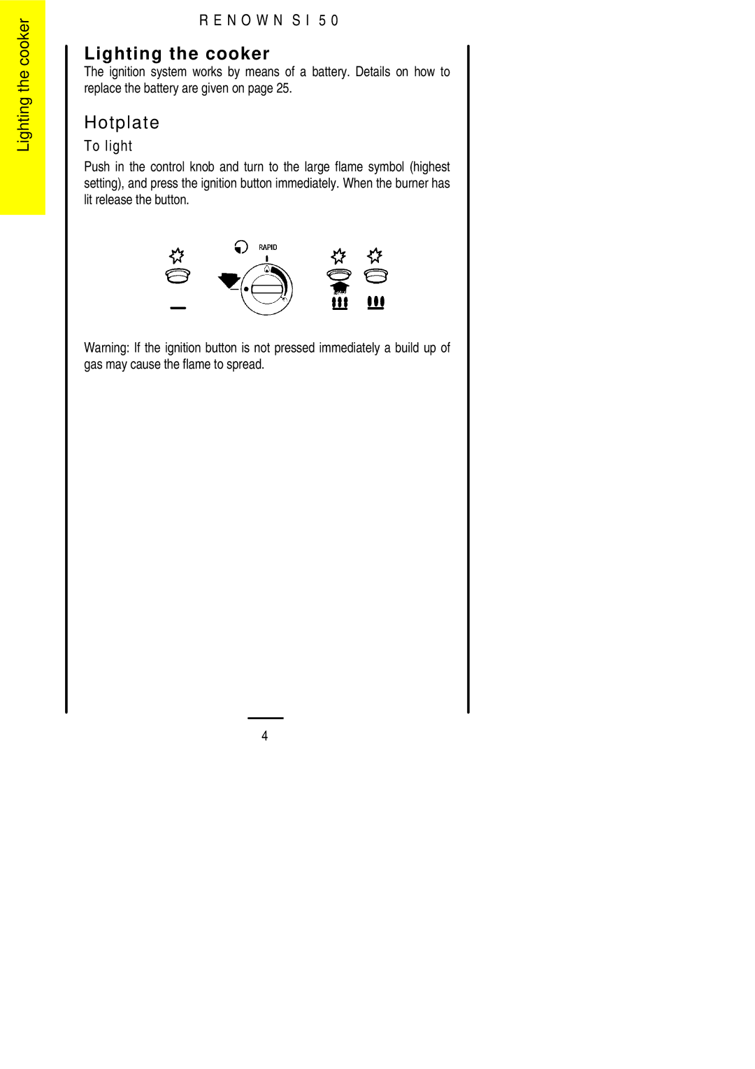 Electrolux S 50 installation instructions Lighting the cooker, Hotplate 