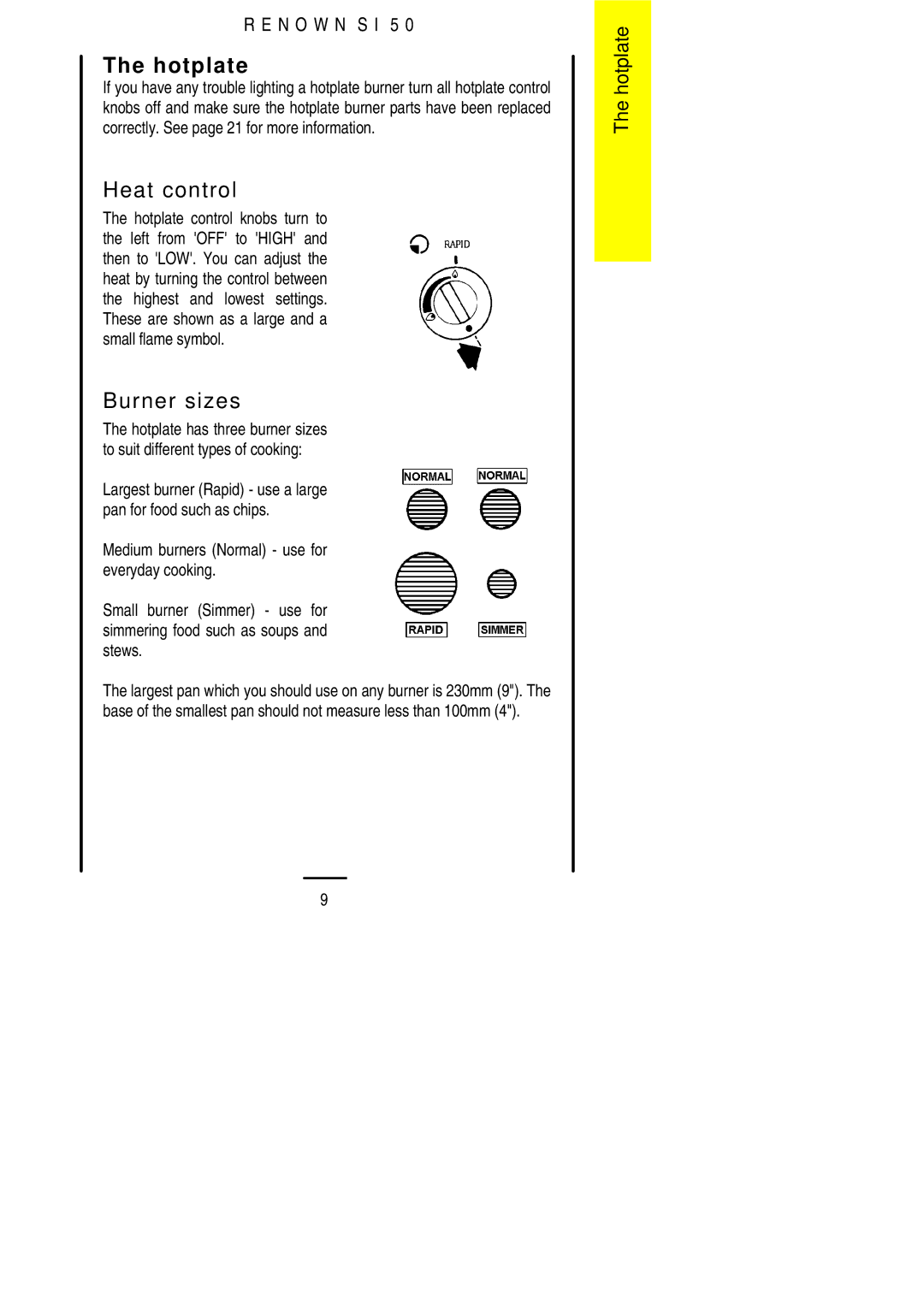 Electrolux S 50 installation instructions Hotplate, Burner sizes 