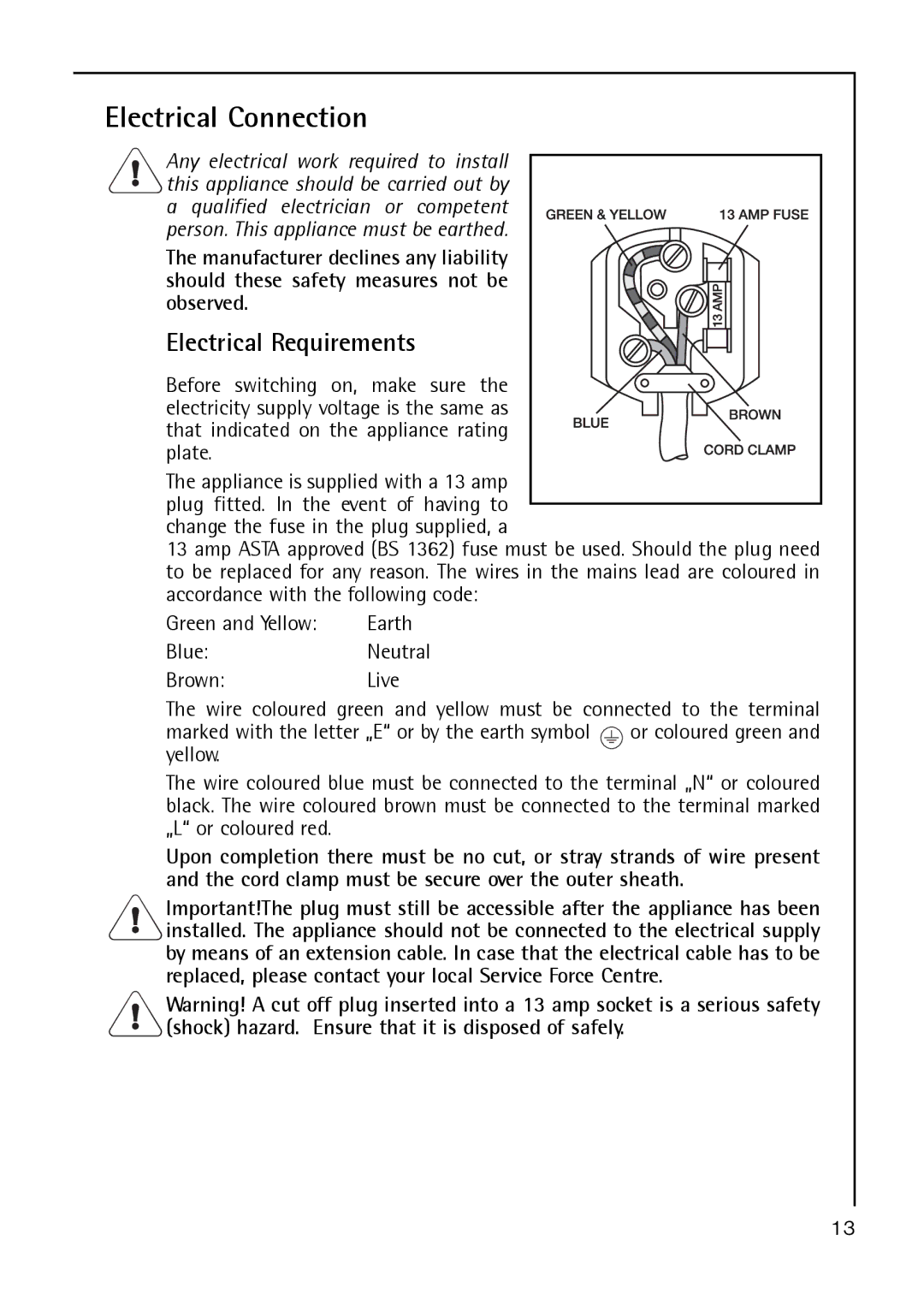 Electrolux S 60170 TK3 operating instructions Electrical Connection, That indicated on the appliance rating Plate 