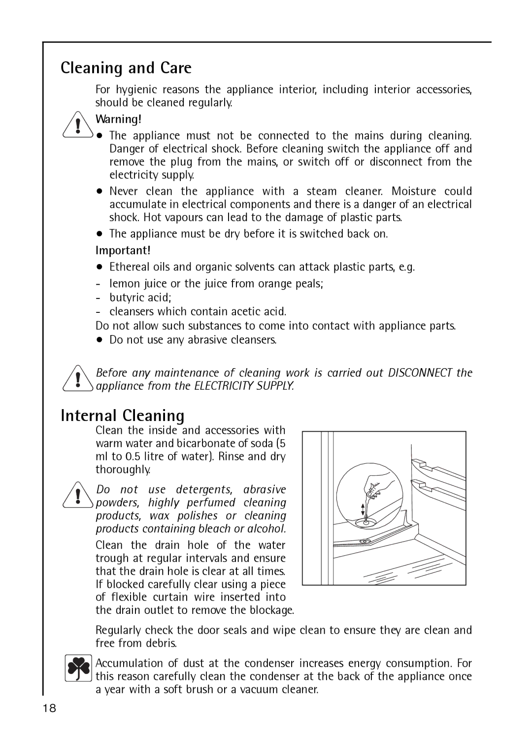 Electrolux S 60170 TK3 operating instructions Cleaning and Care, Internal Cleaning 