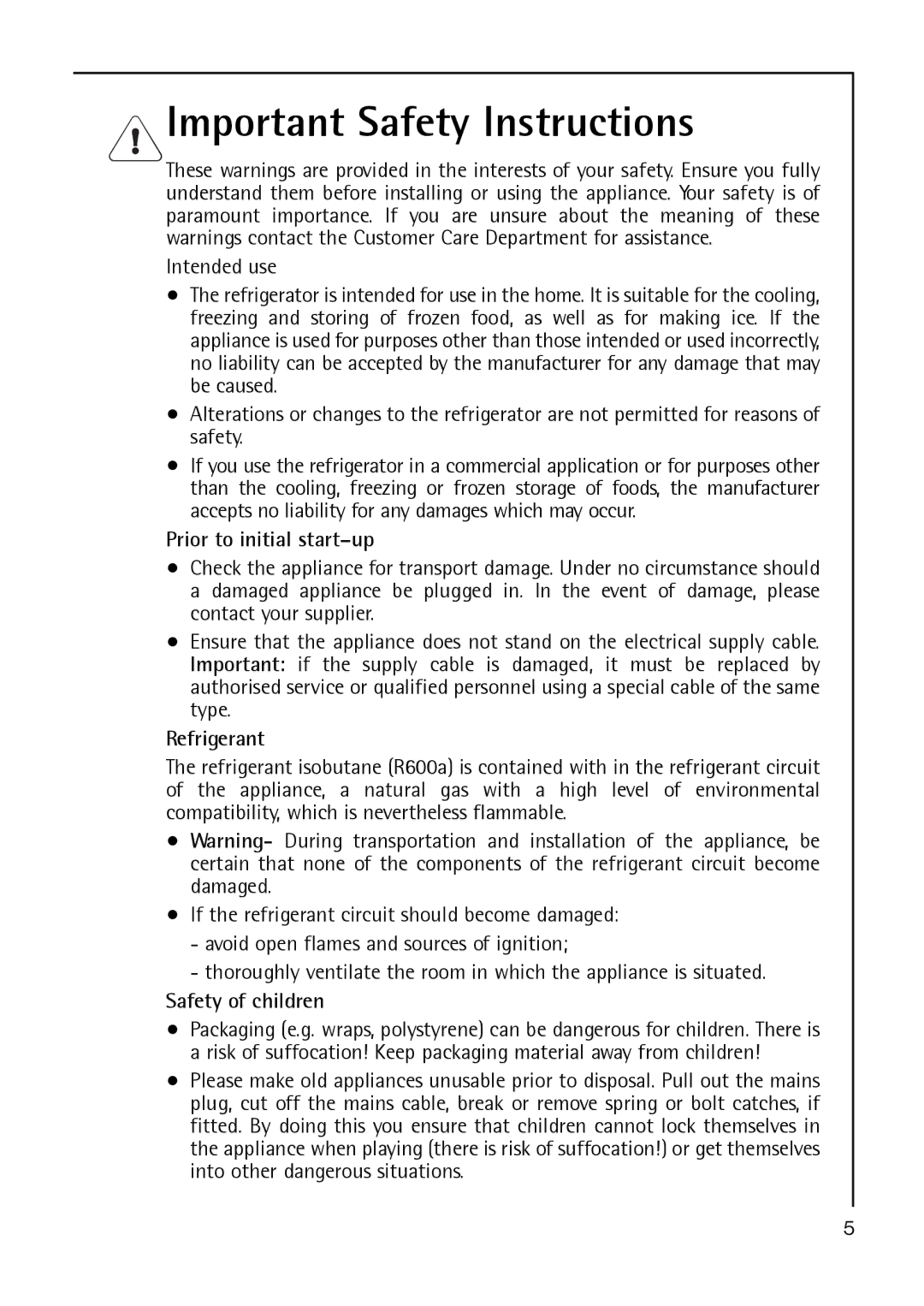 Electrolux S 60170 TK3 Important Safety Instructions, Prior to initial start-up, Refrigerant, Safety of children 