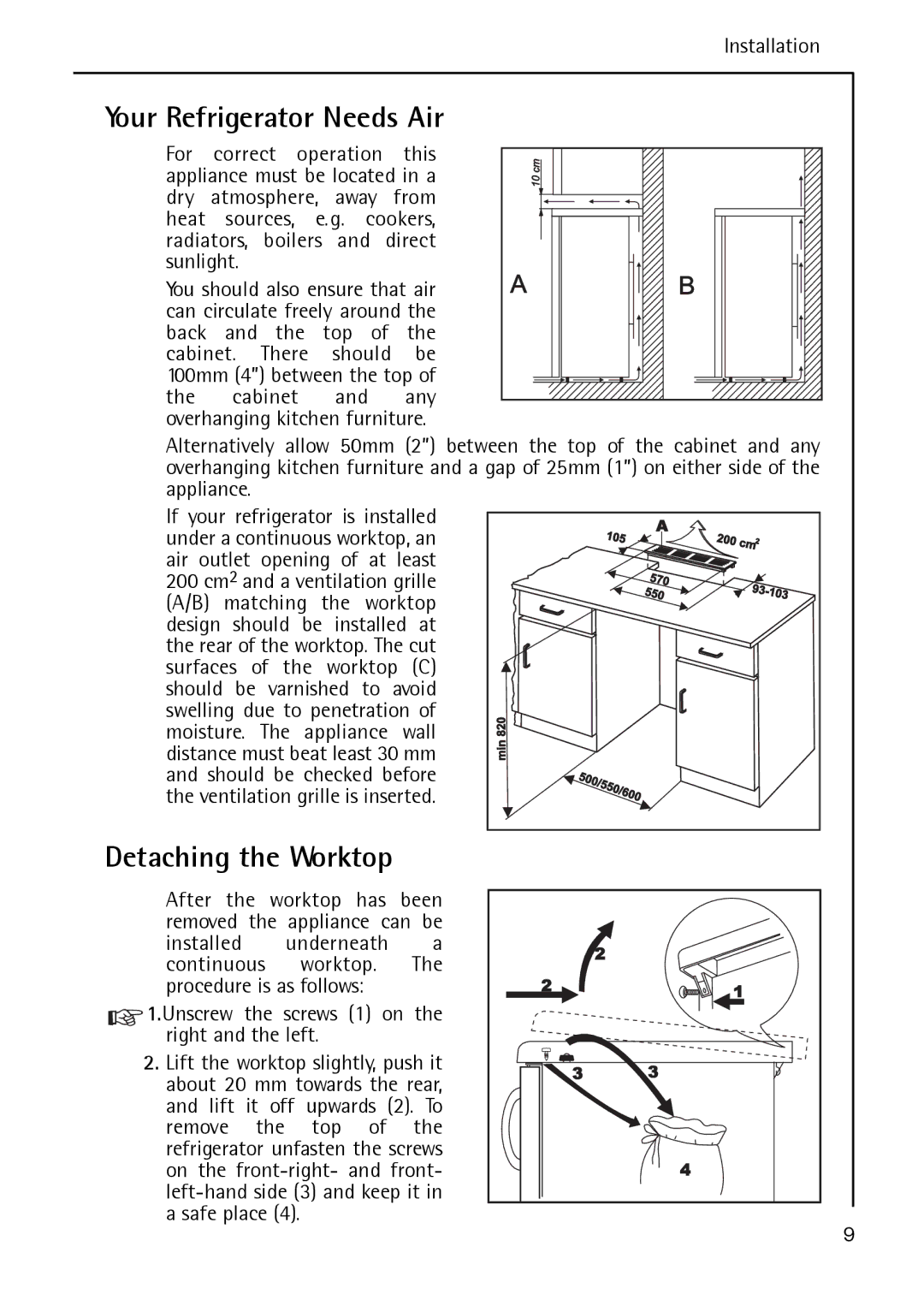 Electrolux S 60170 TK3 operating instructions Your Refrigerator Needs Air, Detaching the Worktop, Installation 