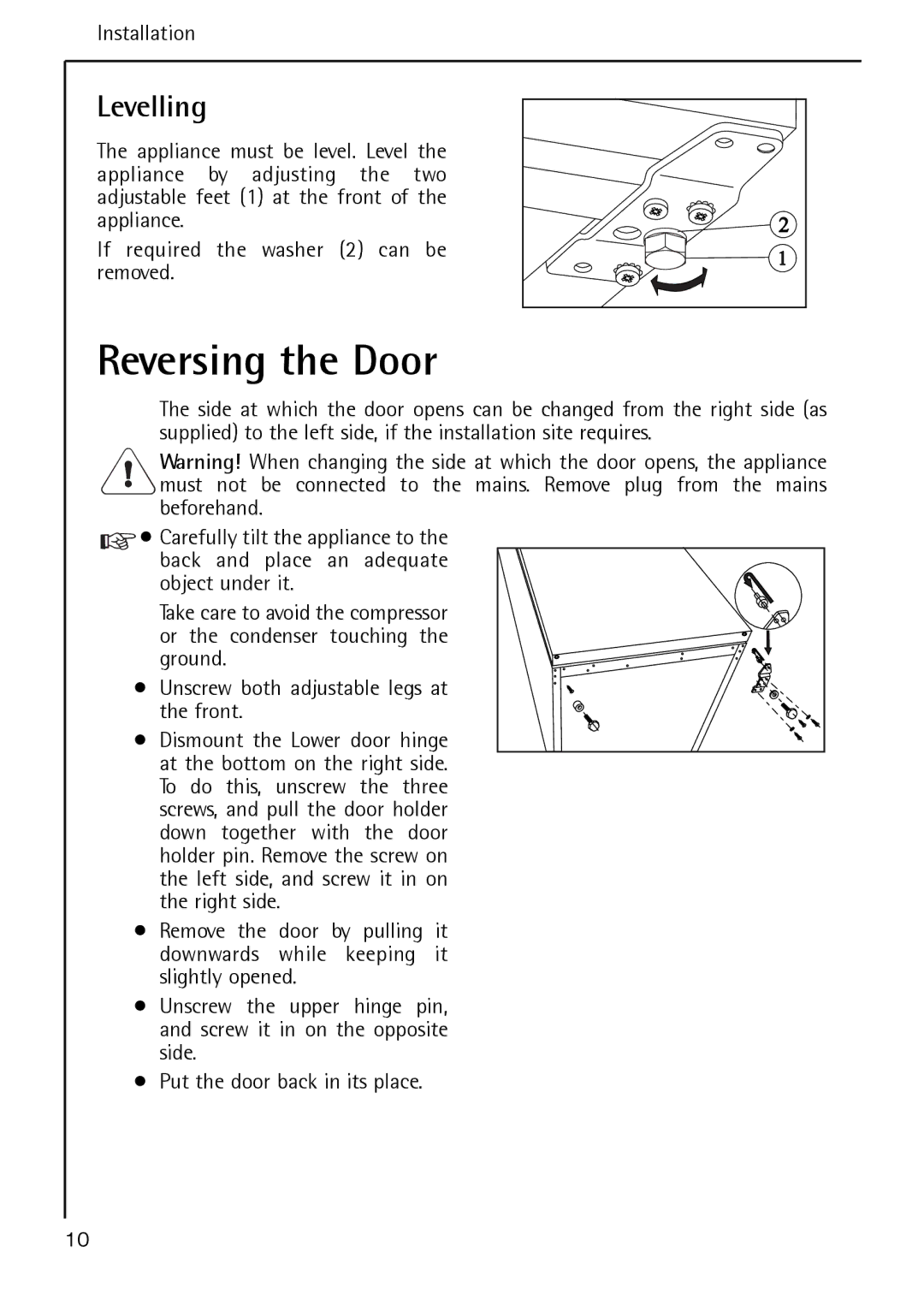 Electrolux S 64140 TK operating instructions Reversing the Door, Levelling 