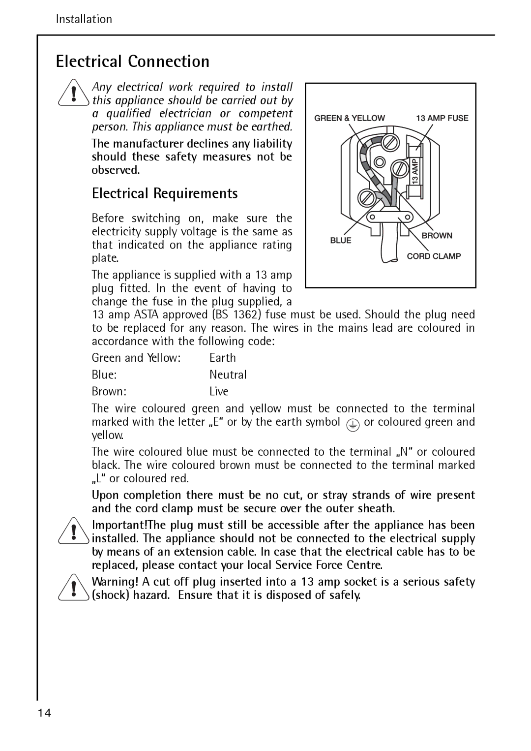 Electrolux S 64140 TK operating instructions Electrical Connection, That indicated on the appliance rating Plate 