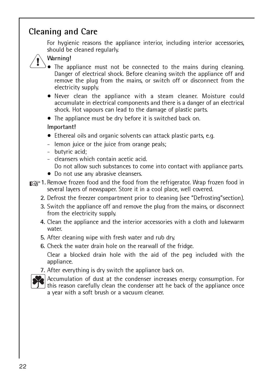 Electrolux S 64140 TK operating instructions Cleaning and Care 