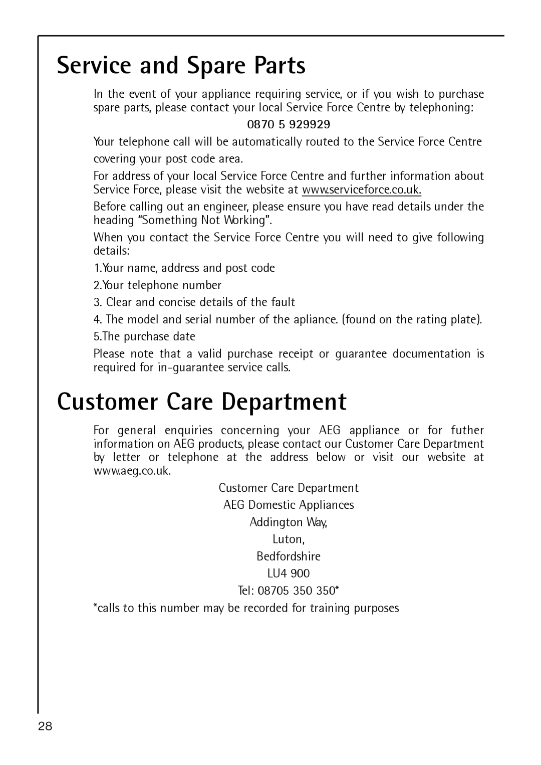 Electrolux S 64140 TK operating instructions Service and Spare Parts, Customer Care Department, 0870 5 