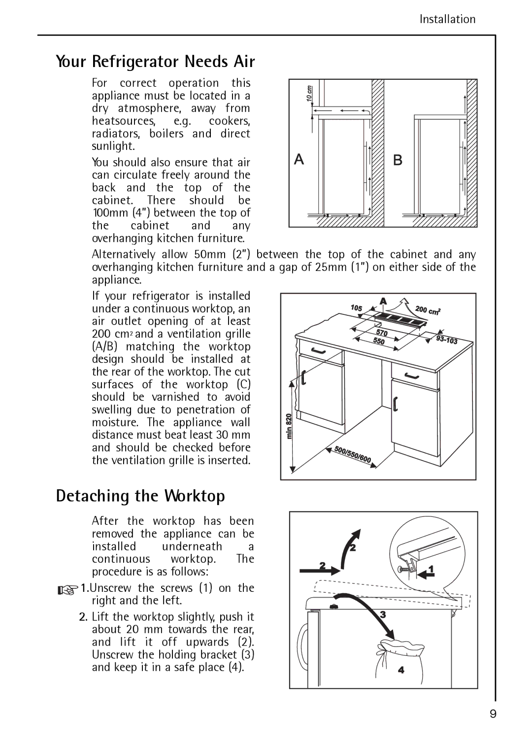 Electrolux S 64140 TK operating instructions Your Refrigerator Needs Air, Detaching the Worktop, Installation 