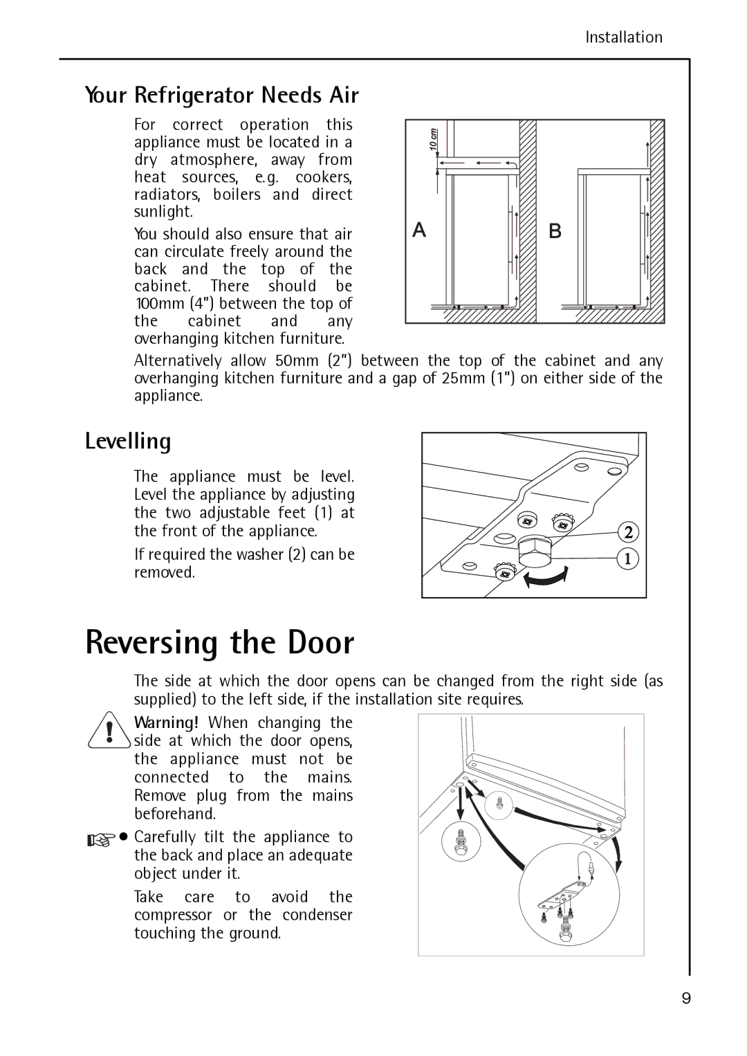 Electrolux S 70178 TK3 manual Reversing the Door, Your Refrigerator Needs Air, Levelling, Installation 