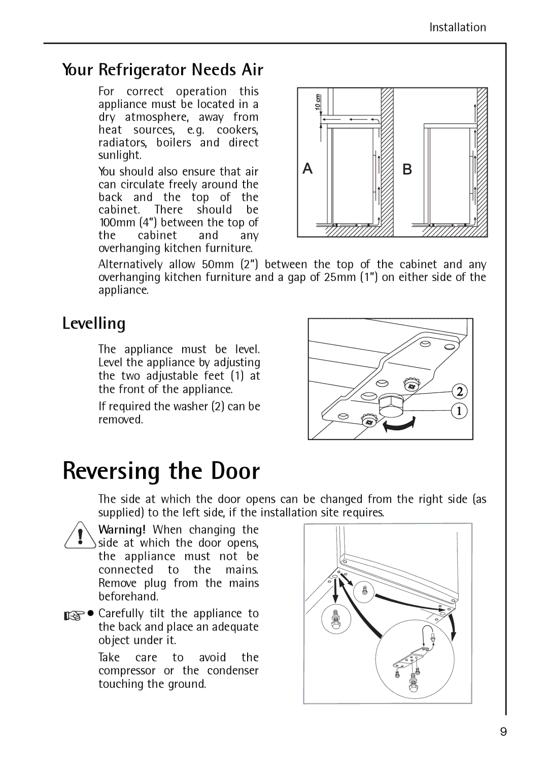 Electrolux S 70178 TK38 manual Reversing the Door, Your Refrigerator Needs Air, Levelling, Installation 