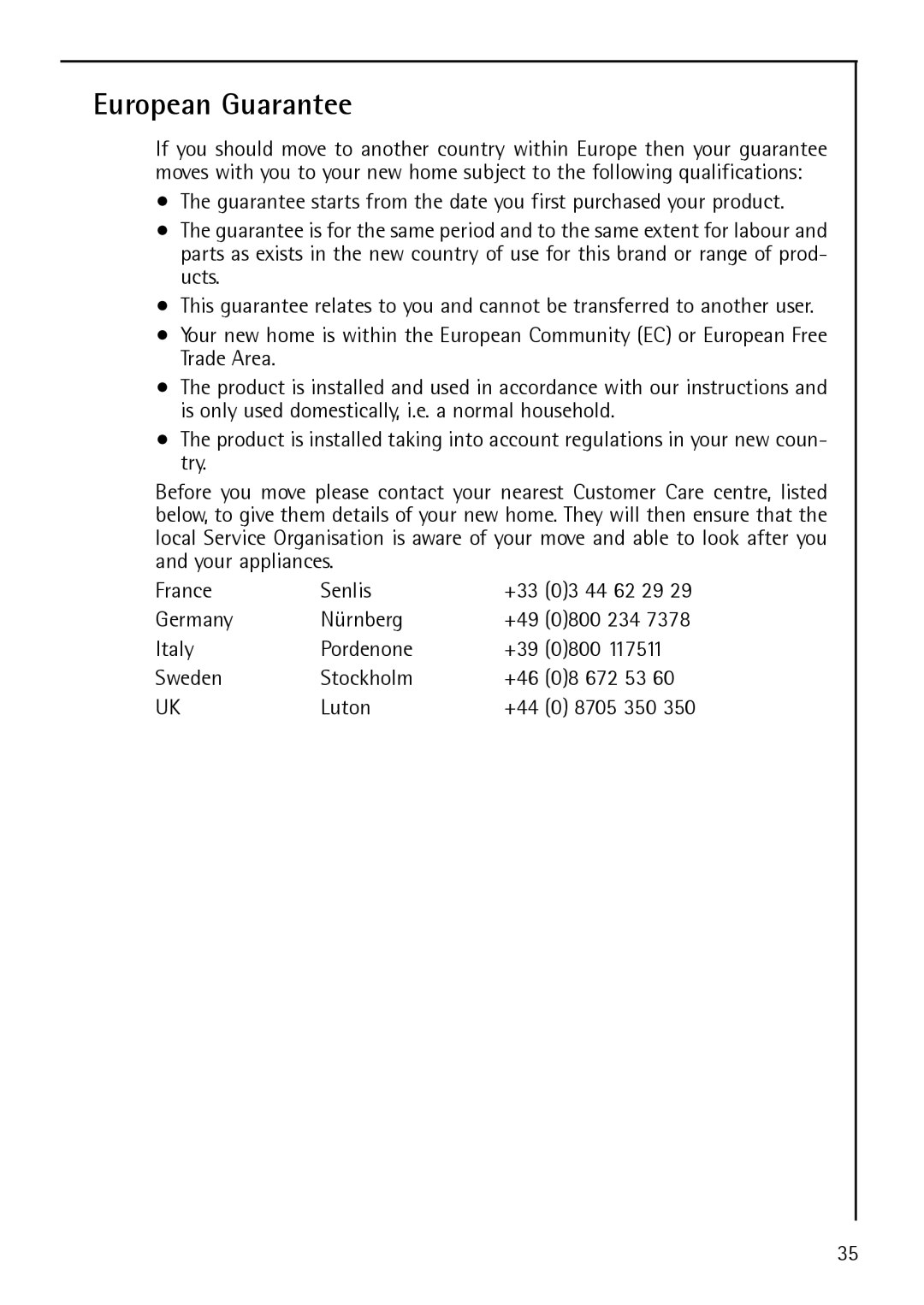 Electrolux S 75358 KG3 manual European Guarantee, Sweden Stockholm +46 672 53 Luton +44 