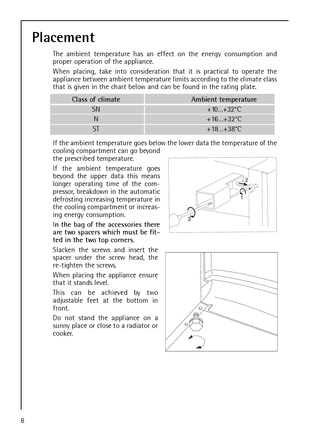 Electrolux S 75358 KG3 manual Placement, Class of climate Ambient temperature 