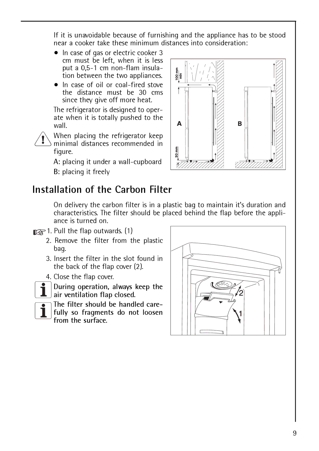 Electrolux S 75400 KG Installation of the Carbon Filter, Figure. a placing it under a wall-cupboard Placing it freely 