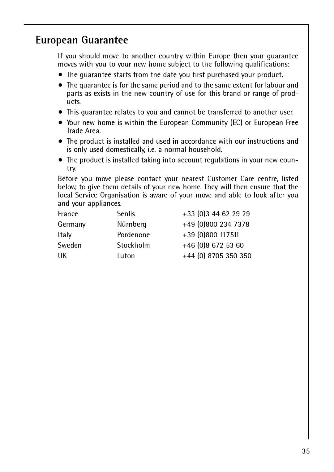 Electrolux S 75408 KG manual European Guarantee, Germany Nürnberg +49, Italy Pordenone +39, 117511 