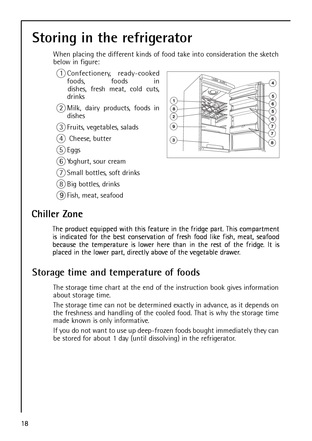 Electrolux S 75408 KG3 manual Storing in the refrigerator, Chiller Zone, Storage time and temperature of foods 