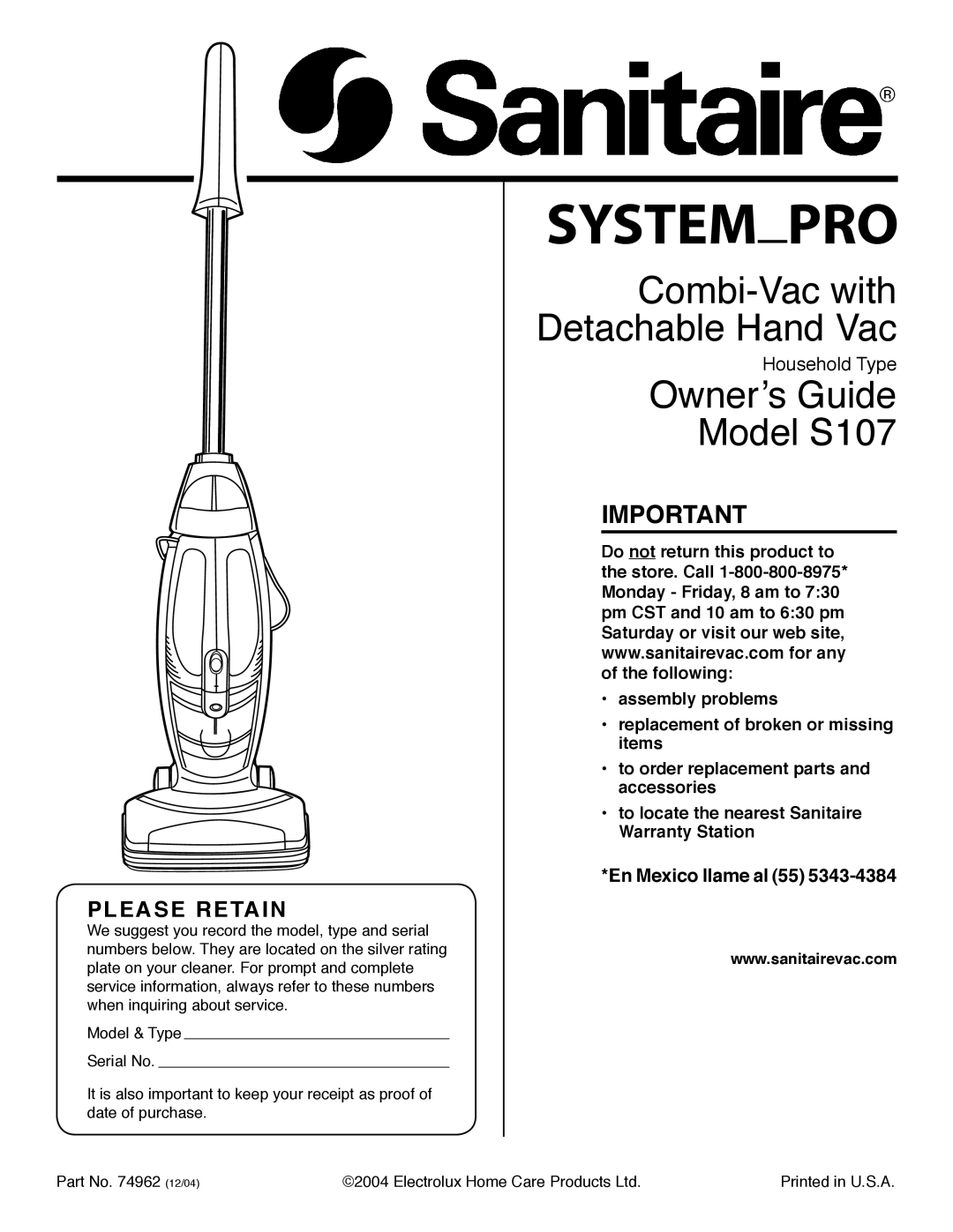 Electrolux S107 warranty Please Retain, En Mexico llame al 55 