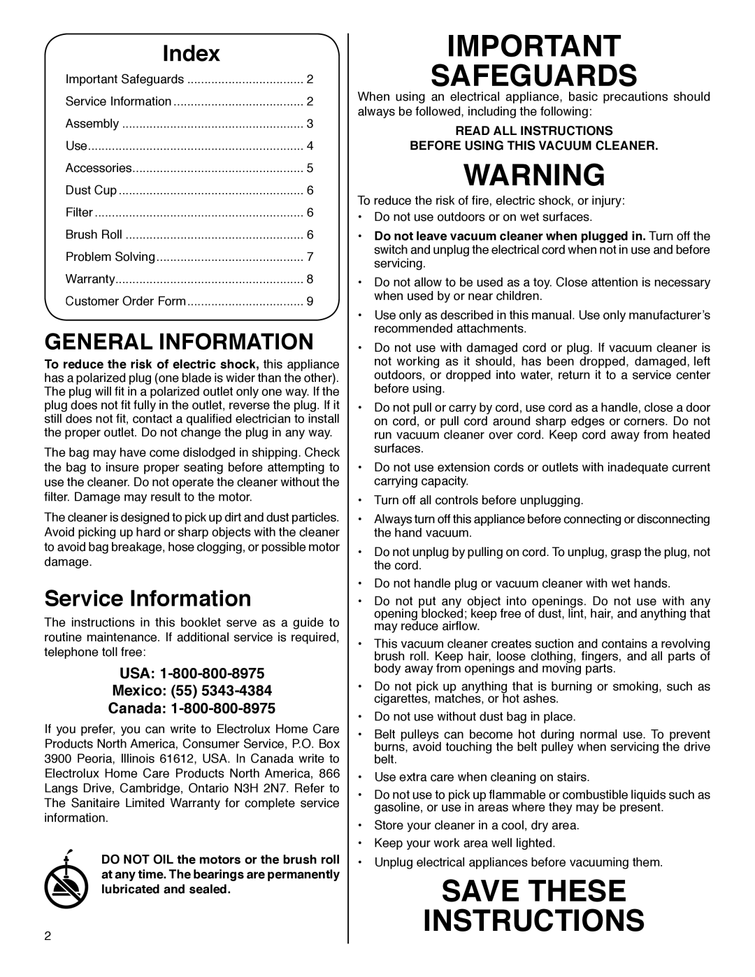 Electrolux S107 warranty Index, General Information, Service Information, USA Mexico 55 Canada 