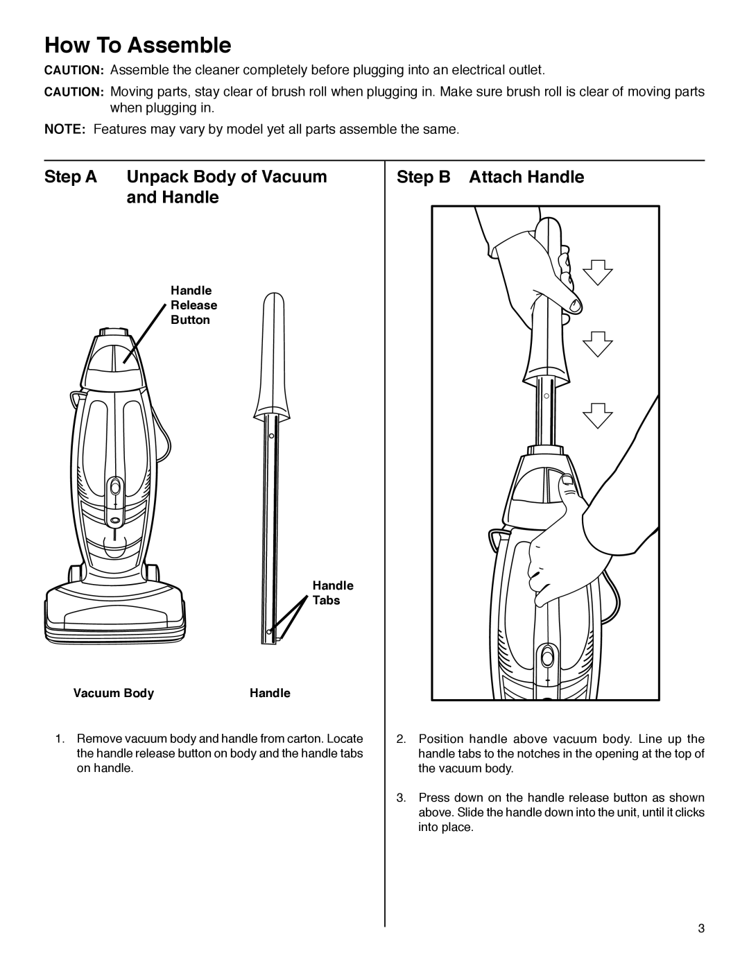 Electrolux S107 warranty How To Assemble, Step a Unpack Body of Vacuum Step B Attach Handle, Handle Release Button Tabs 