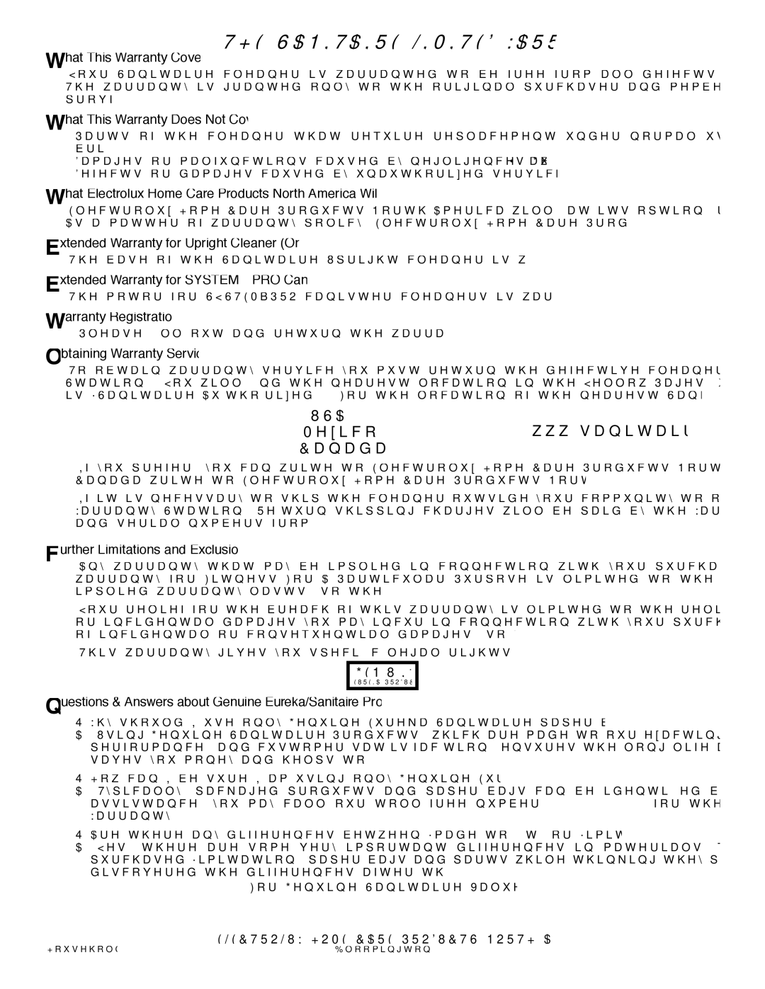 Electrolux S107 warranty Sanitaire Limited Warranty, USA Canada 