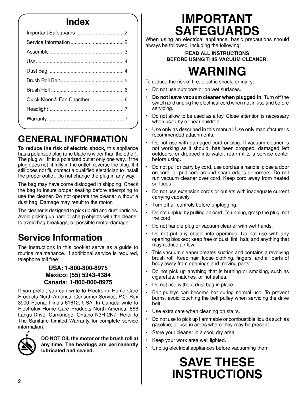 Electrolux S670 warranty General Information, USA Mexico 55 Canada, Read ALL Instructions Before Using this Vacuum Cleaner 