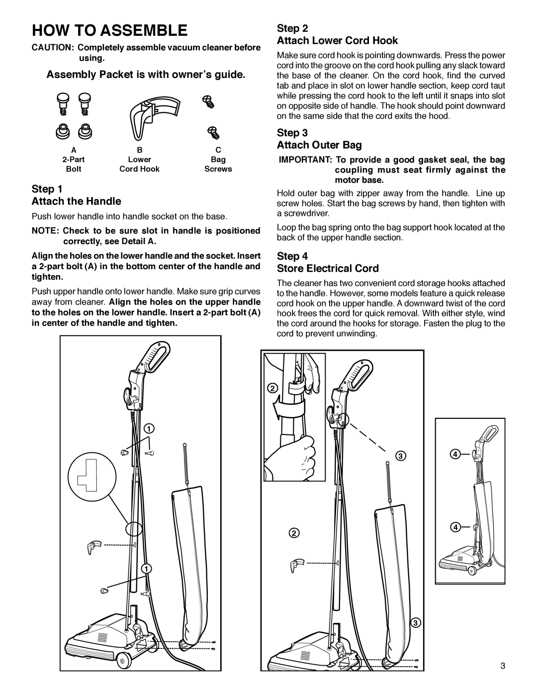 Electrolux S670 How To Assemble, Assembly Packet is with ownerʼs guide, Step Attach the Handle, Step Attach Outer Bag 