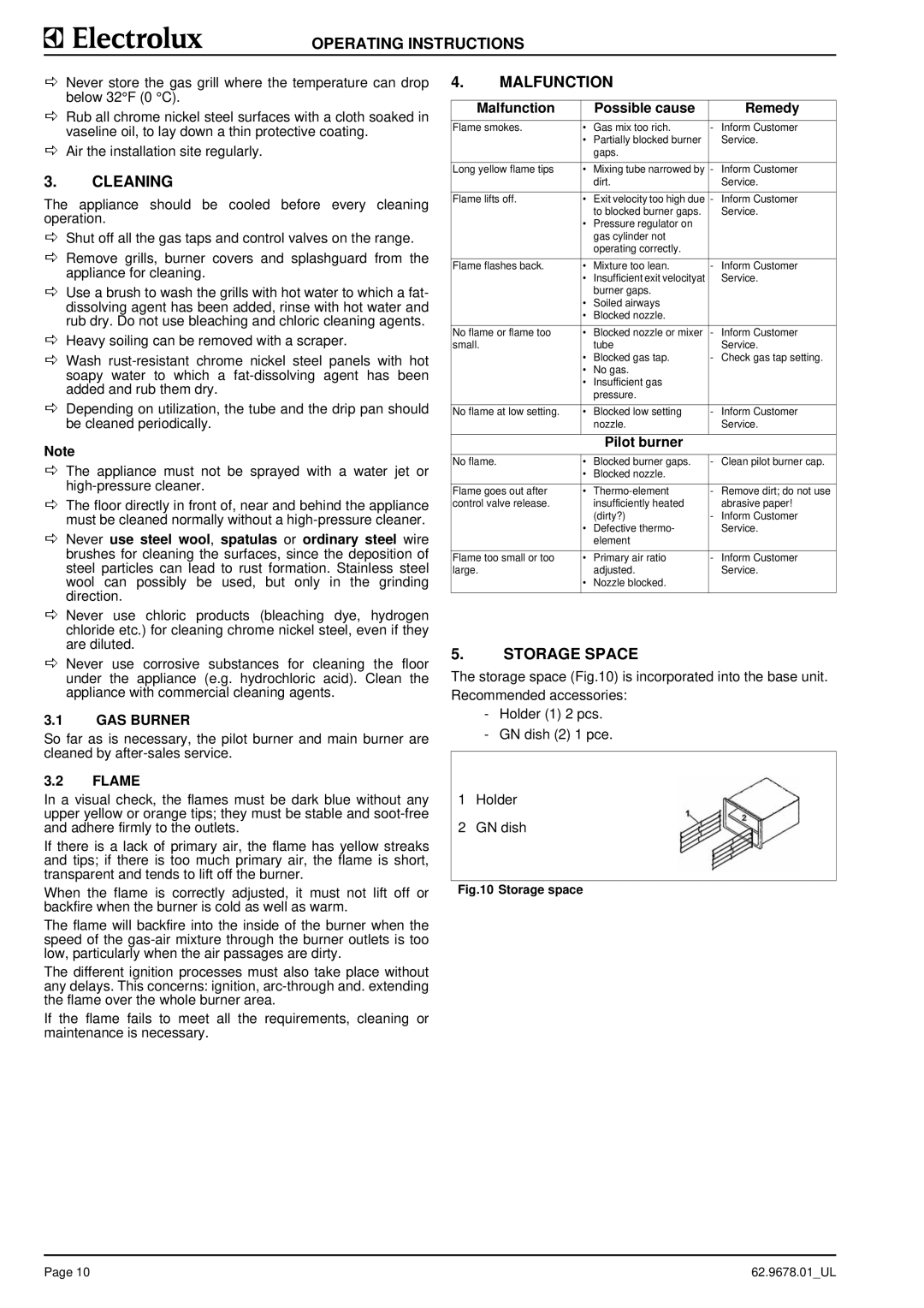 Electrolux S90 manual Cleaning, Malfunction, Storage Space, GAS Burner, Flame 