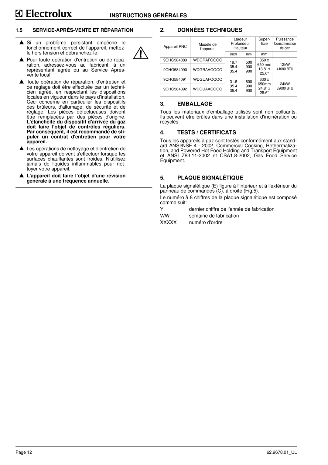 Electrolux S90 Données Techniques, Emballage, Tests / Certificats, Plaque Signalétique, SERVICE-APRÈS-VENTE ET Réparation 