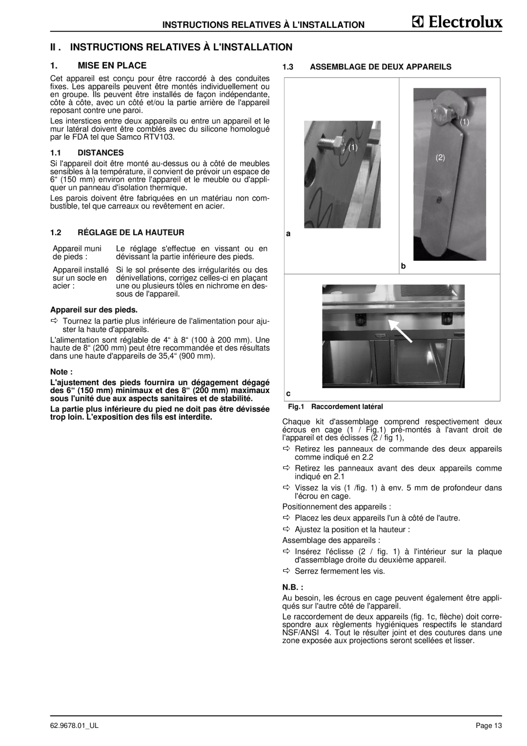 Electrolux S90 manual II . Instructions Relatives À Linstallation, Mise EN Place, Assemblage DE Deux Appareils 