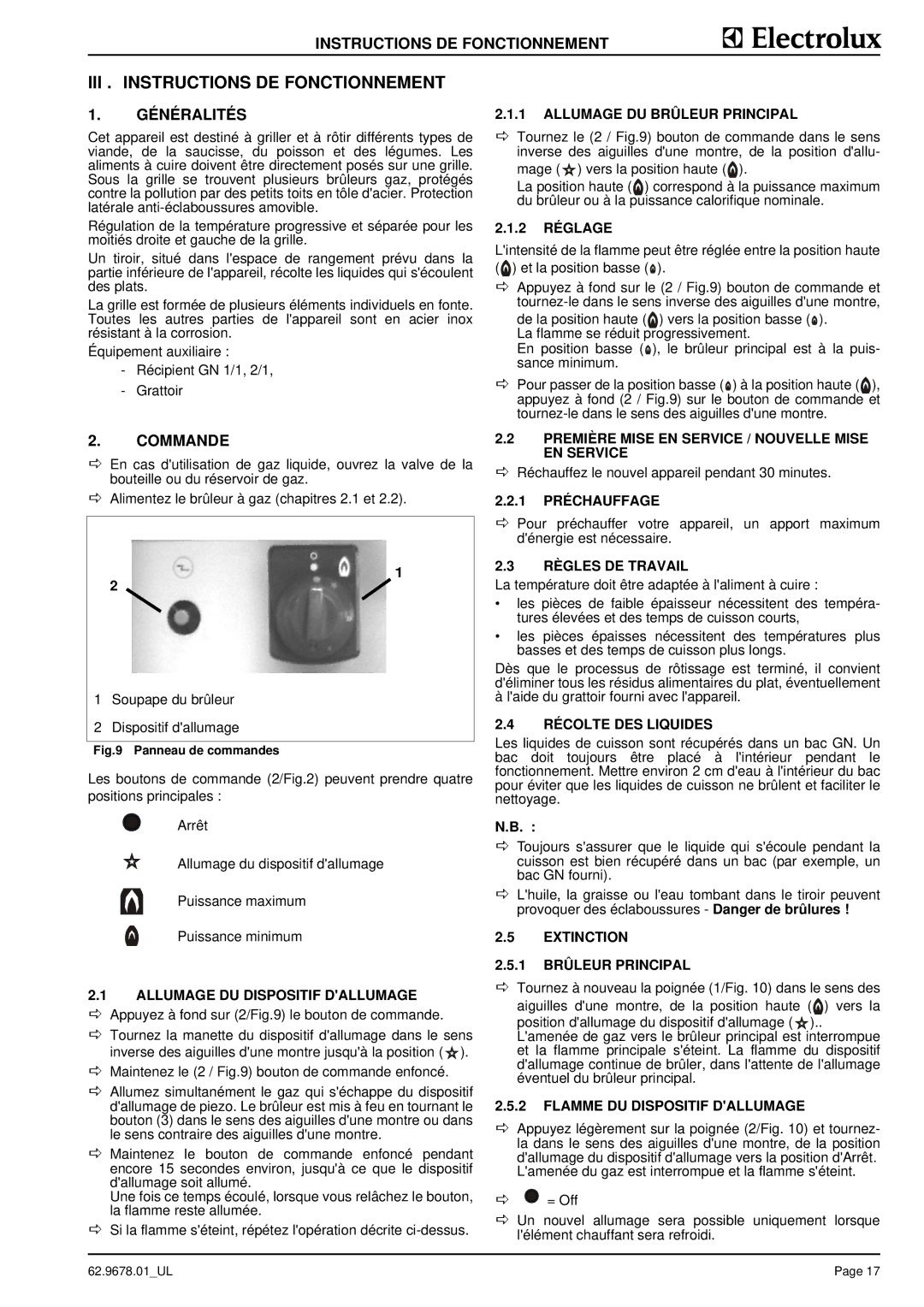 Electrolux S90 manual III . Instructions DE Fonctionnement, Généralités, Commande 