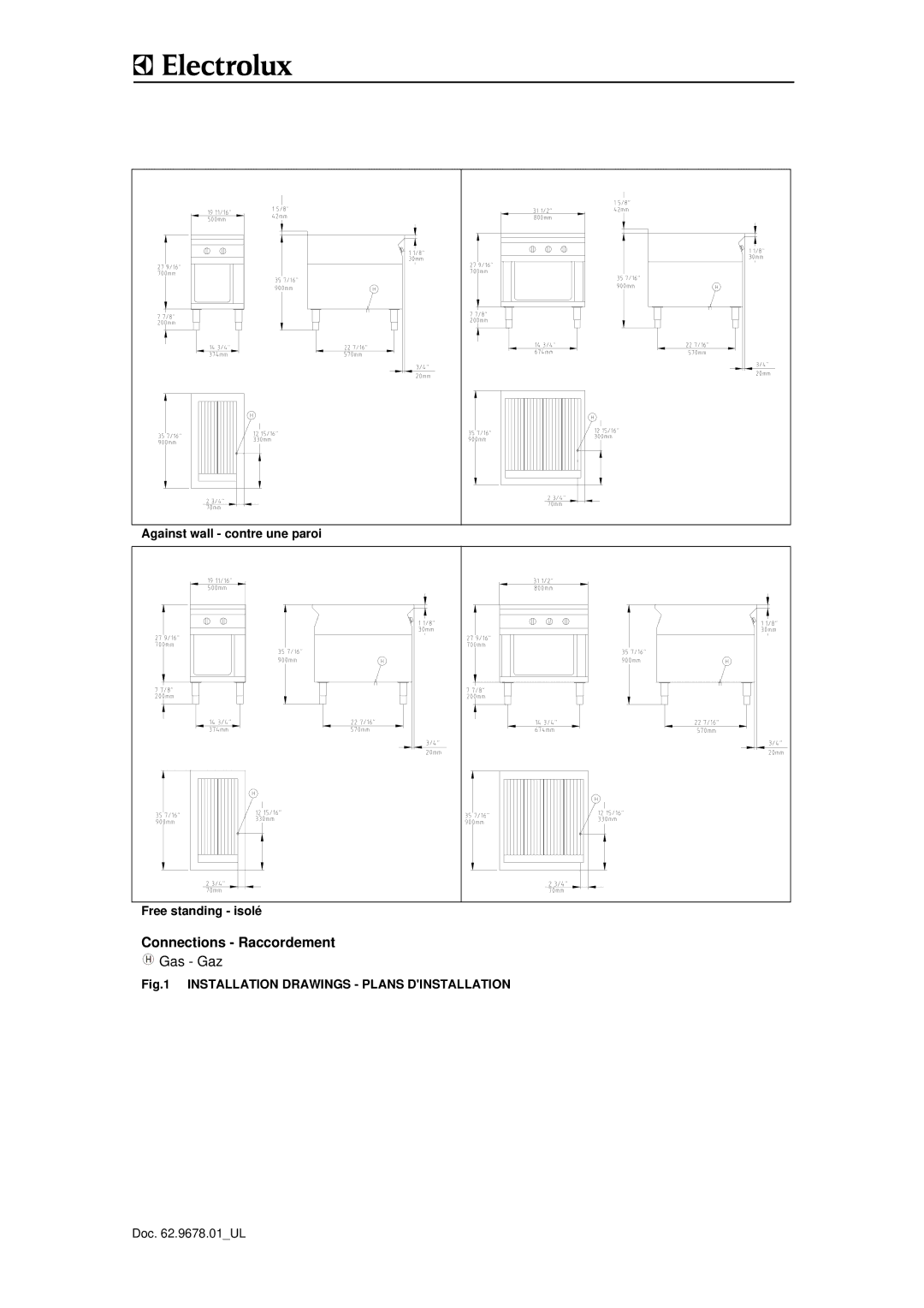 Electrolux S90 manual Connections Raccordement, Installation Drawings Plans Dinstallation 