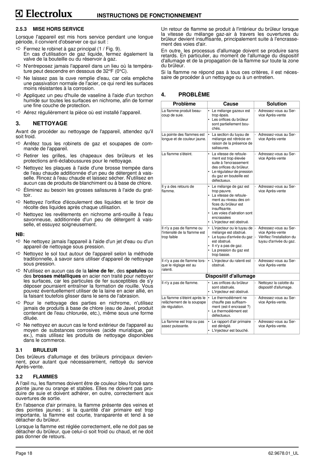 Electrolux S90 manual Nettoyage, Problème, Mise Hors Service, Bruleur, Flammes 