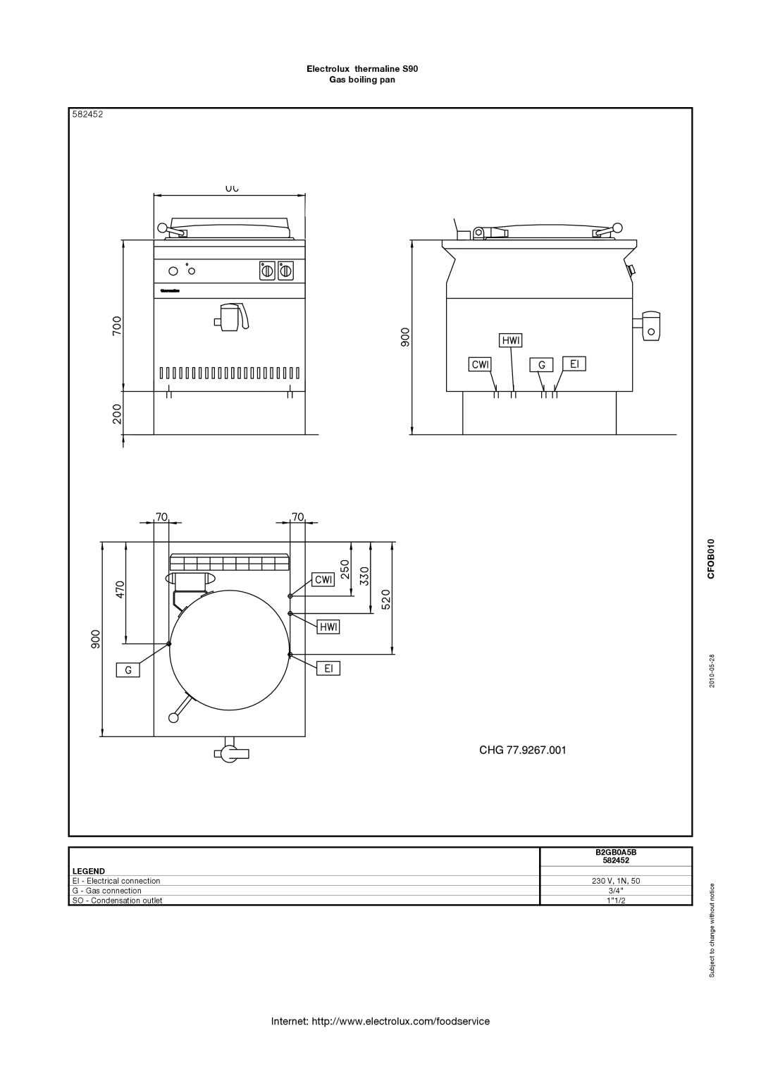 Electrolux S90 dimensions CFOB010, B2GB0A5B 