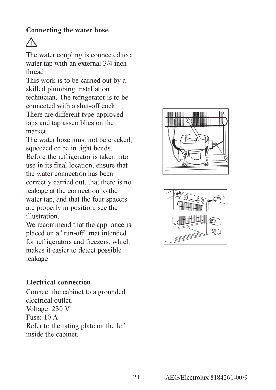 Electrolux S92358-KA2 user manual Connecting the water hose, Electrical connection 