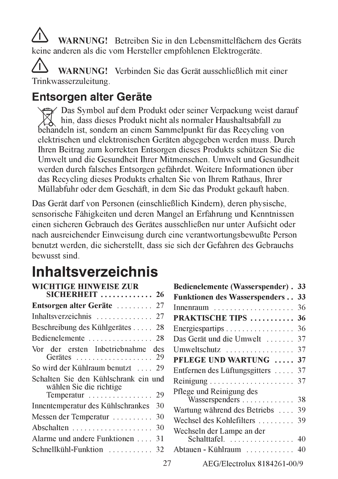 Electrolux S92358-KA2 user manual Inhaltsverzeichnis, Entsorgen alter Geräte 