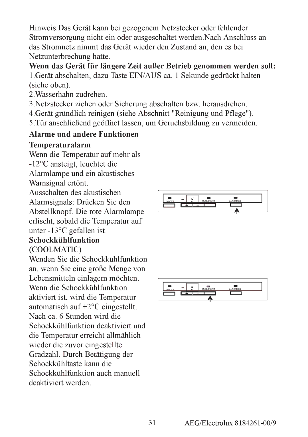 Electrolux S92358-KA2 user manual Alarme und andere Funktionen Temperaturalarm, Schockkühlfunktion 