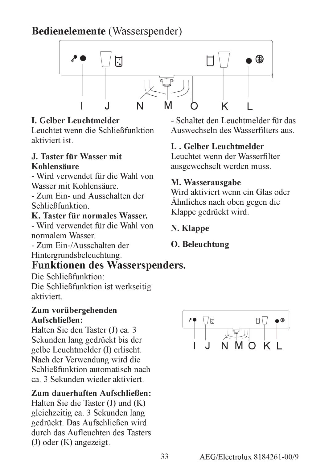 Electrolux S92358-KA2 user manual Taster für normales Wasser, Klappe Beleuchtung, Zum vorübergehenden Aufschließen 