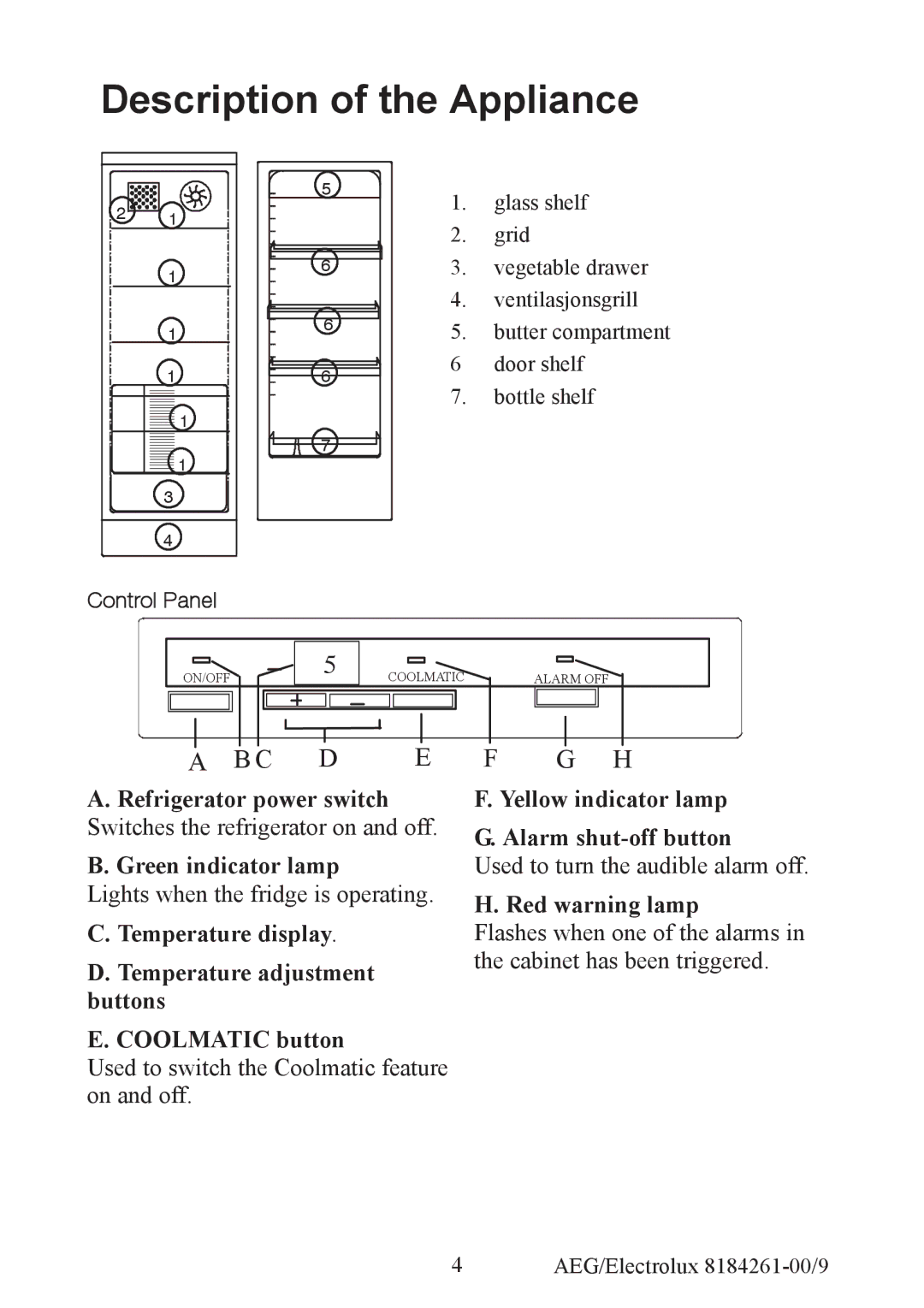 Electrolux S92358-KA2 Refrigerator power switch, Green indicator lamp, Yellow indicator lamp G. Alarm shut-off button 