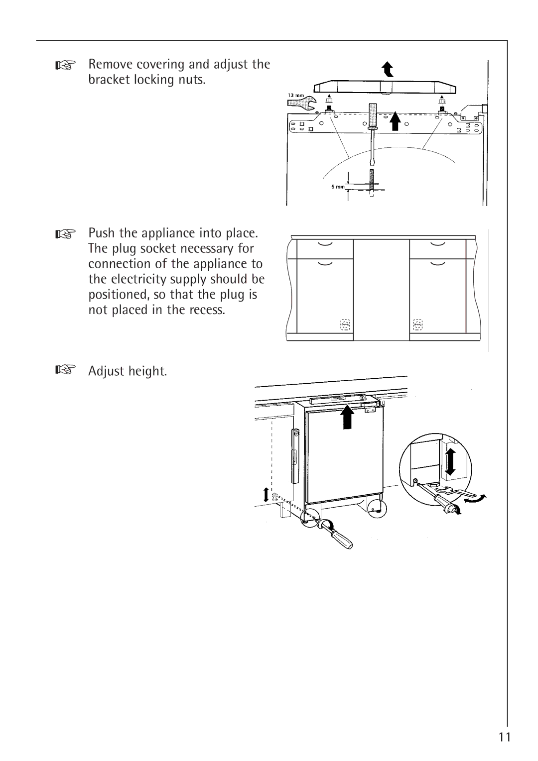 Electrolux SANTO 1454-6 iU installation instructions Remove covering and adjust the bracket locking nuts, Adjust height 