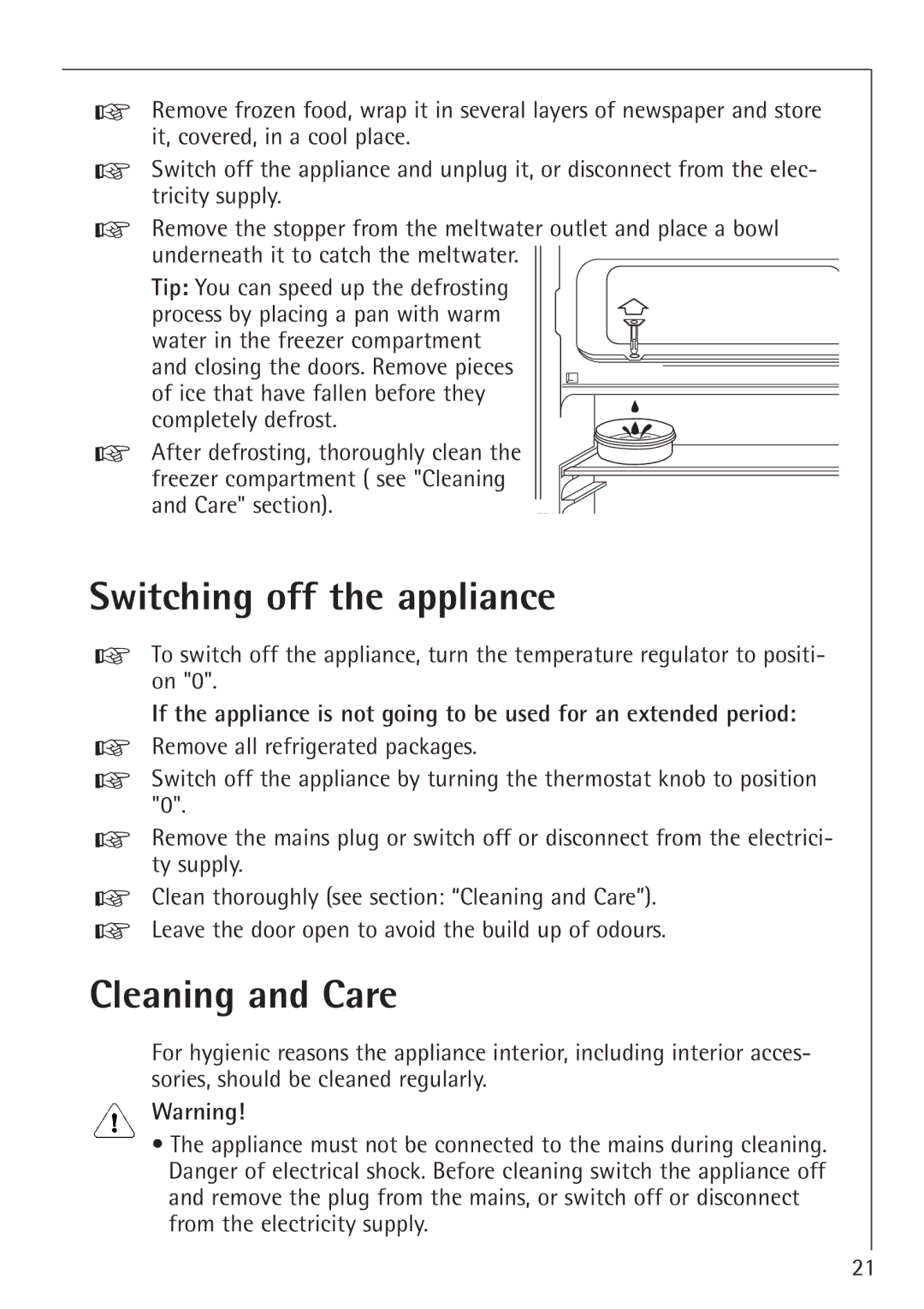 Electrolux SANTO 1454-6 iU installation instructions Switching off the appliance, Cleaning and Care, Care section 