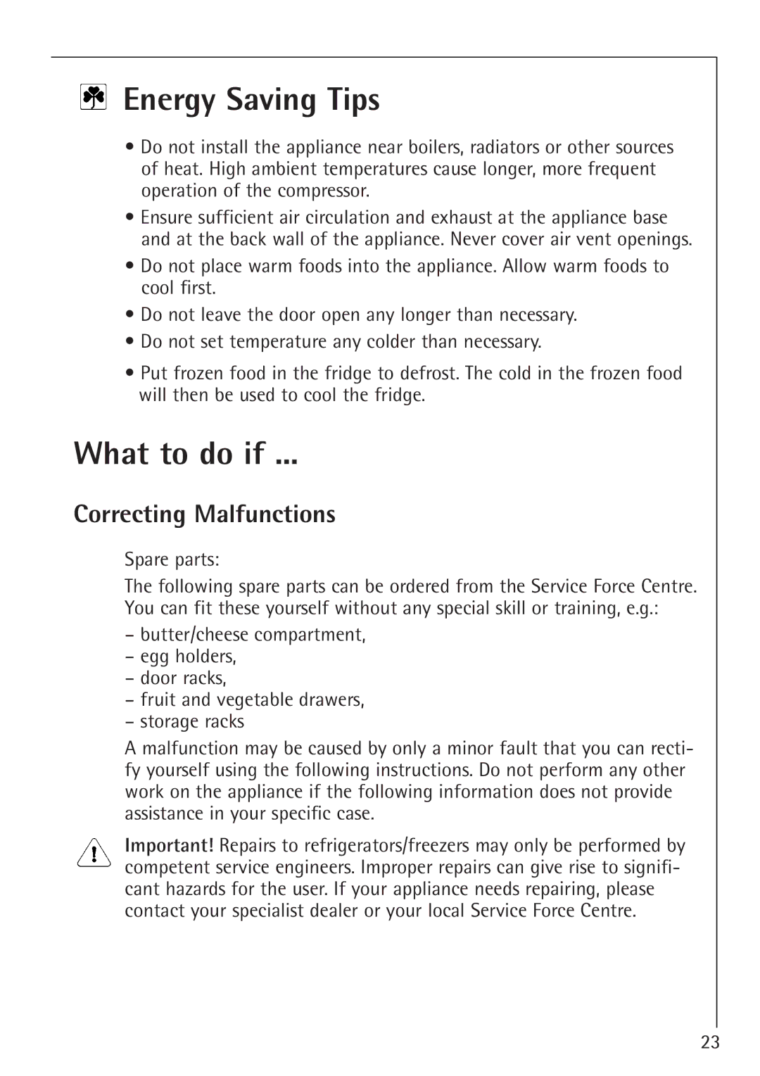 Electrolux SANTO 1454-6 iU Energy Saving Tips, What to do if, Correcting Malfunctions, Spare parts 