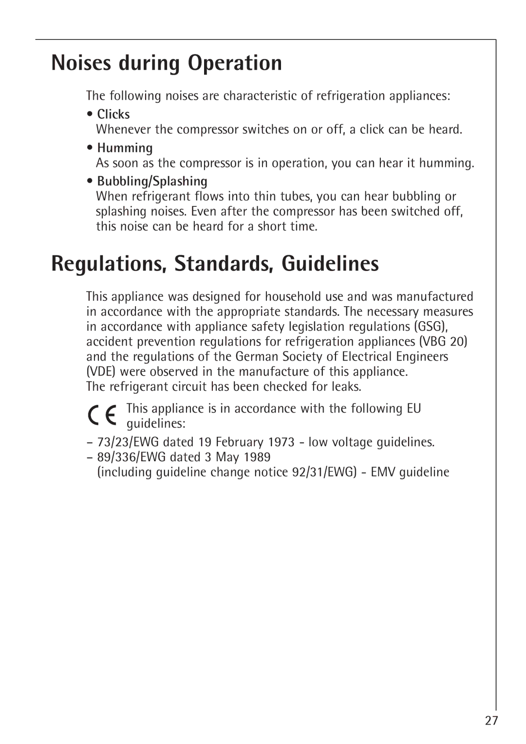 Electrolux SANTO 1454-6 iU Noises during Operation, Regulations, Standards, Guidelines, Clicks, Humming 