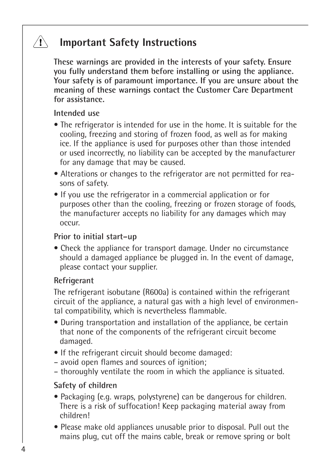 Electrolux SANTO 1454-6 iU Important Safety Instructions, Prior to initial start-up, Refrigerant, Safety of children 