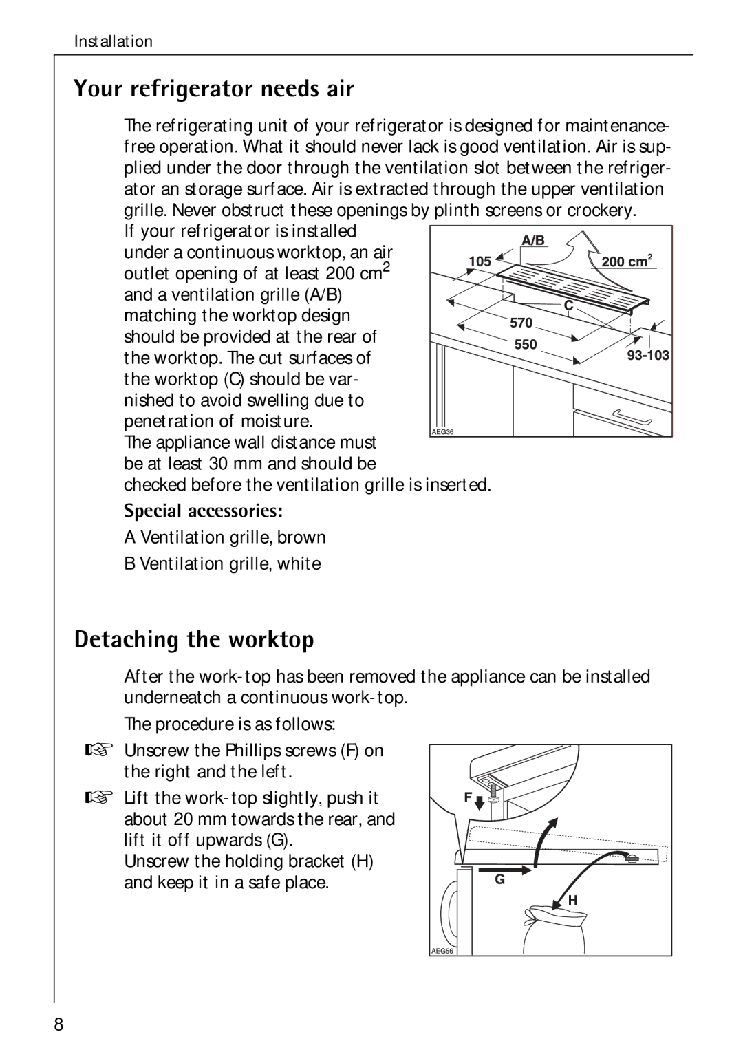 Electrolux Santo 1573TK-4 operating instructions Your refrigerator needs air, Detaching the worktop, Special accessories 