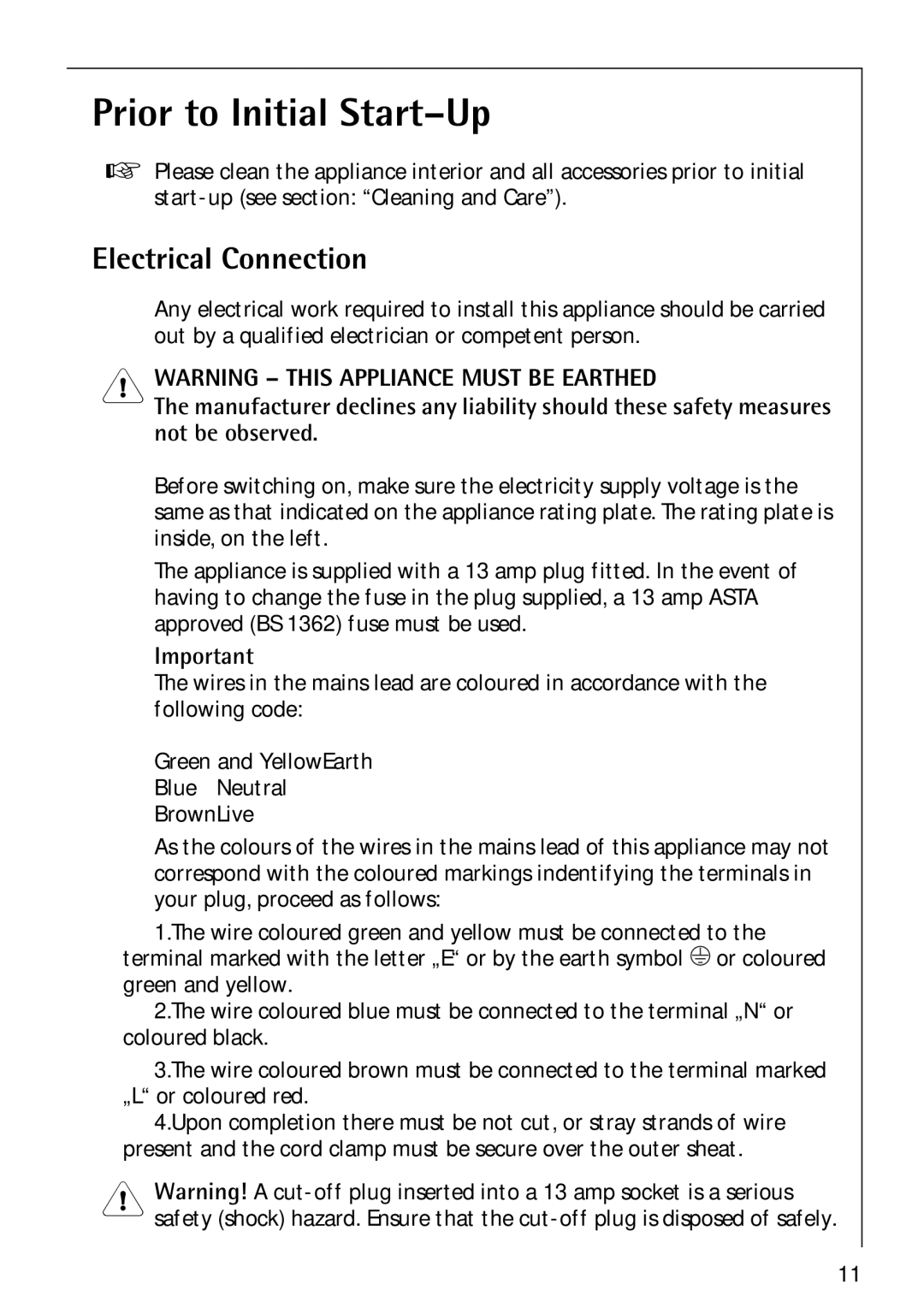 Electrolux Santo 1573TK-4 Prior to Initial Start-Up, Electrical Connection, Warning - This Appliance Must Be Earthed 