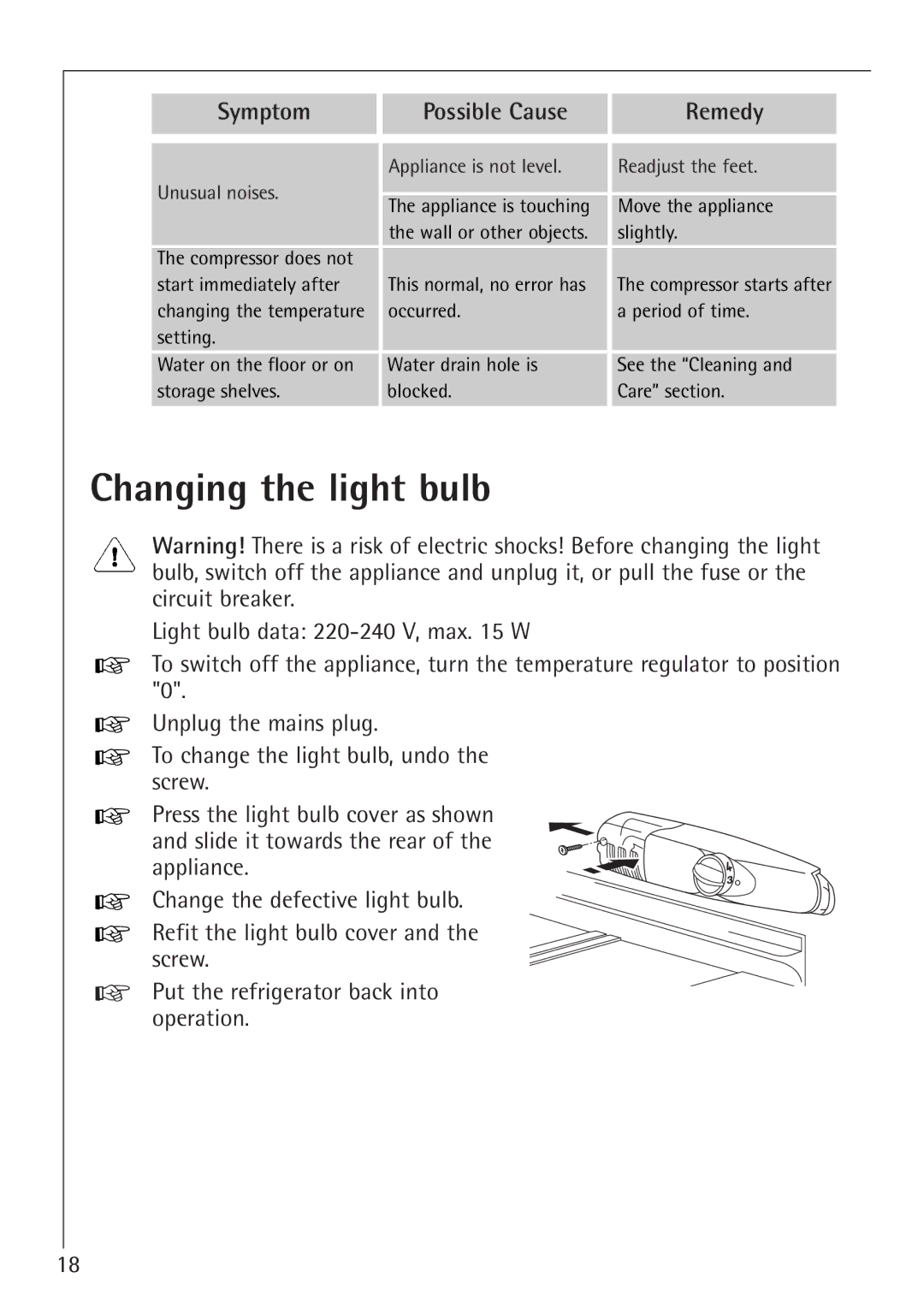 Electrolux SANTO 1650-7 TK manual Changing the light bulb 