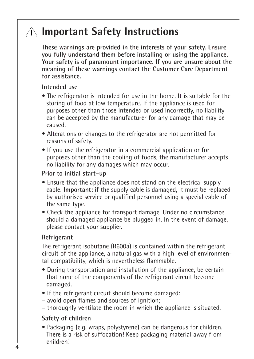 Electrolux SANTO 1650-7 TK manual Important Safety Instructions, Prior to initial start-up, Refrigerant, Safety of children 