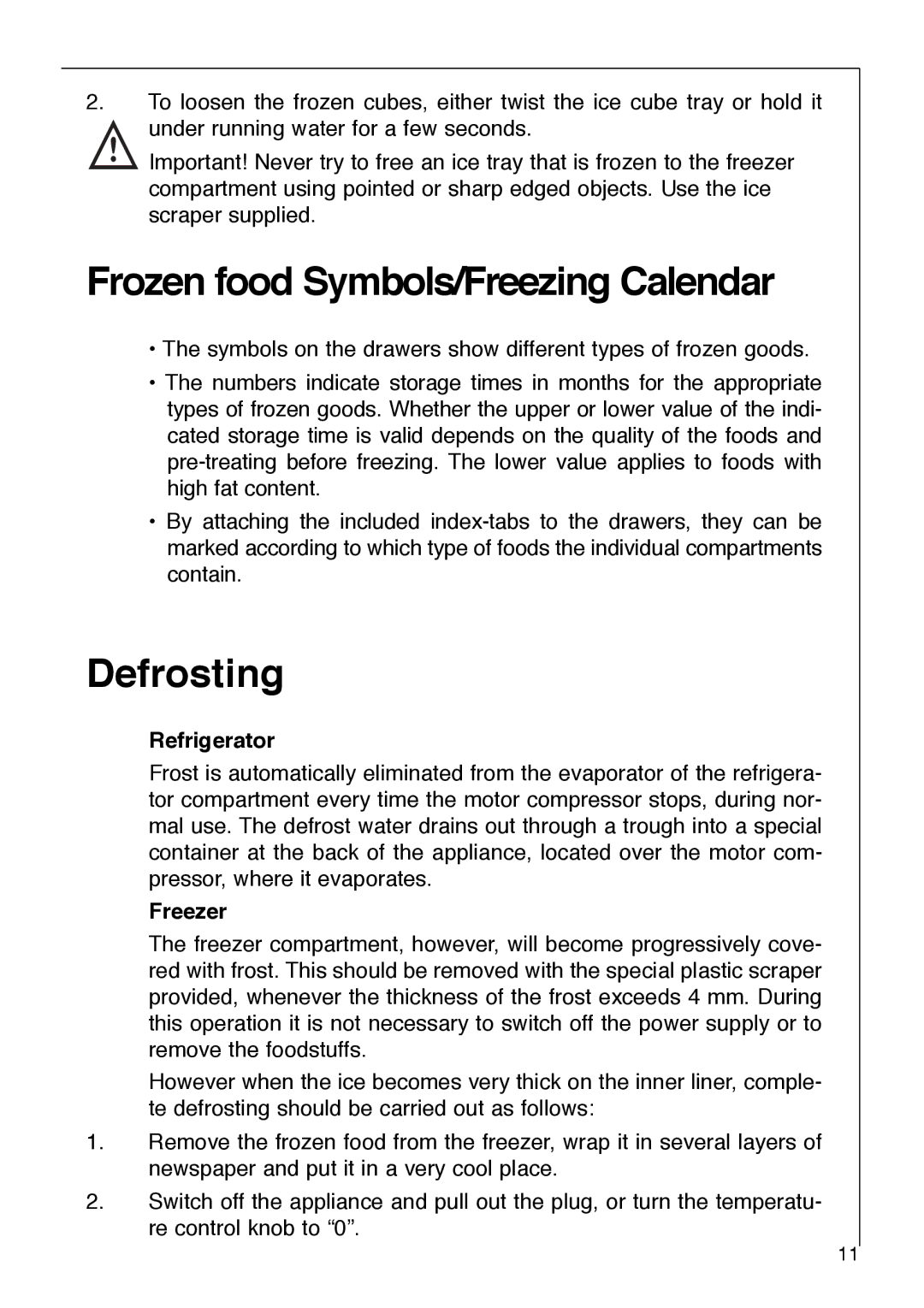 Electrolux SANTO 2733-6 i installation instructions Frozen food Symbols/Freezing Calendar, Defrosting 